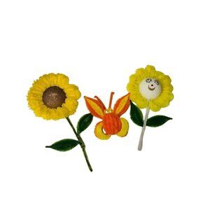 Handmade Vintage 1970s Flower Butterfly Magnets Sunflower Chenille Pipe Cleaner